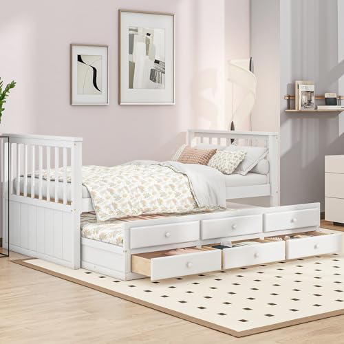 Dolamaní Modernes Bett mit 3 Schubkästen und Praktisches Gästebett 90x200cm(90x190cm), Ausziehbett Jugendzimmer Kojenbett in Weiß von Dolamaní