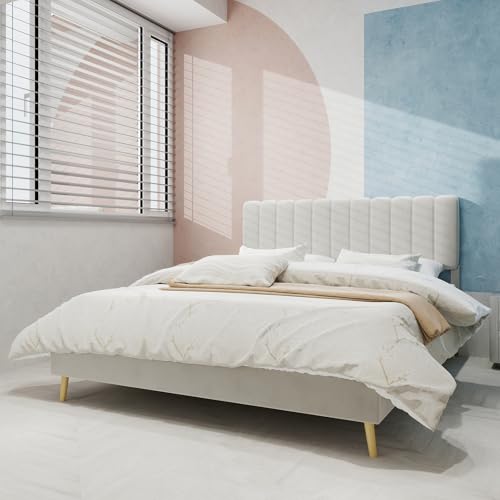 Dolamaní Modernes Doppelbett 160x200, Polsterbett Samtstoff, Bettgestell mit Holzlatten, Bett für Schlafzimmer & Jugendzimmer ohne Matratze (Beige C) von Dolamaní