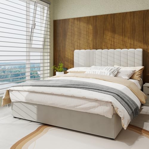 Dolamaní Modernes Doppelbett 160x200 cm mit Stauraum, Hydraulisches Stauraumbett, Polsterbett Samtstoff, Bettgestell mit Holzlatten, ohne Matratze (Beige A) von Dolamaní