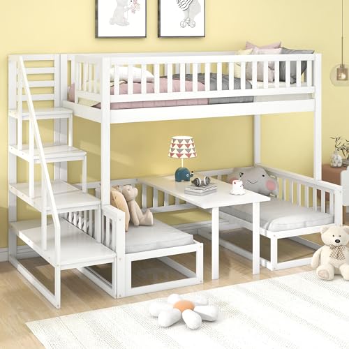 Dolamaní Multifunzionale Hochbett 90x200cm mit verstellbarem Tisch und Holzsofa, Etagenbett mit Treppe, Robustes Kieferholzgestell, Weiß (90x200cm & 120x200cm, convertibile Bett) von Dolamaní