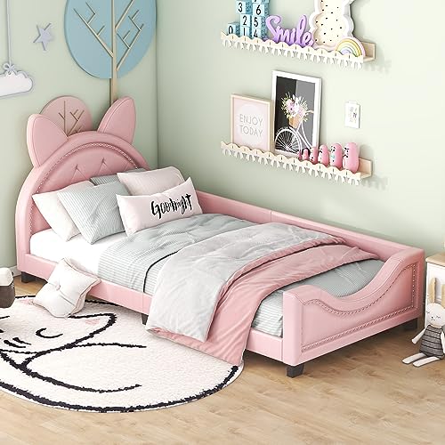 Dolamaní PU-Leder Einzelbett Kinderbett 90 x 200 cm, Hübsches Bodenbett mit Holz-Lattenrost und Kopfteil in Katzenohrenform, Geeignet für Jungen und Mädchen, Leicht zu Montieren (Rosa) von Dolamaní