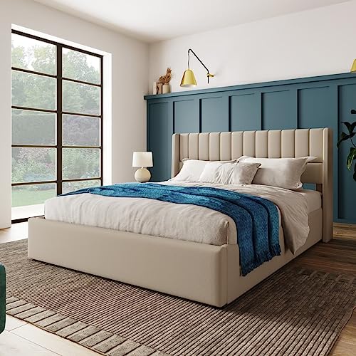 Dolamaní Polsterbett 140 x 200 cm, Doppelbett mit Stauraum, Metallrahmenbett mit Holzlattenrost, Leinen, Beige von Dolamaní