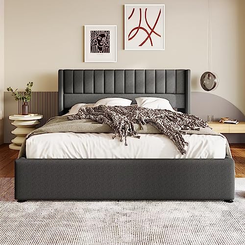 Dolamaní Polsterbett 140 x 200 cm, Doppelbett mit Stauraum, Metallrahmenbett mit Holzlattenrost, Leinen, Grau von Dolamaní