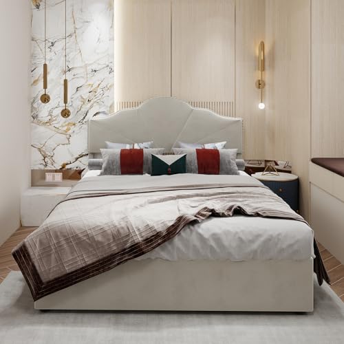 Dolamaní Polsterbett 160x200 cm Hollandwollstoff, Gepolstertes Doppelbett, Bett mit Lattenrost aus Holz, Einzigartiges Kopfteil, Hydraulisch Stauraumbett, Jugendbett ohne Matratze (Beige A) von Dolamaní