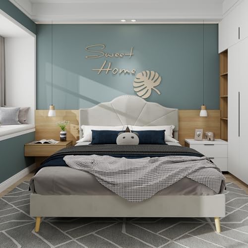 Dolamaní Polsterbett 160x200 cm Hollandwollstoff, Gepolstertes Doppelbett, Bett mit Lattenrost aus Holz, Einzigartiges Kopfteil, Jugendbett, Bettgestell ohne Matratze (Beige B) von Dolamaní