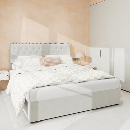 Dolamaní Polsterbett 160x200 cm Samt mit Stauraum, Hydraulisches Stauraumbett, Jugendbett Doppelbett Bettgestell mit Holzlatten, Gepolstertes Kopfteil, ohne Matratze (Beige A) von Dolamaní