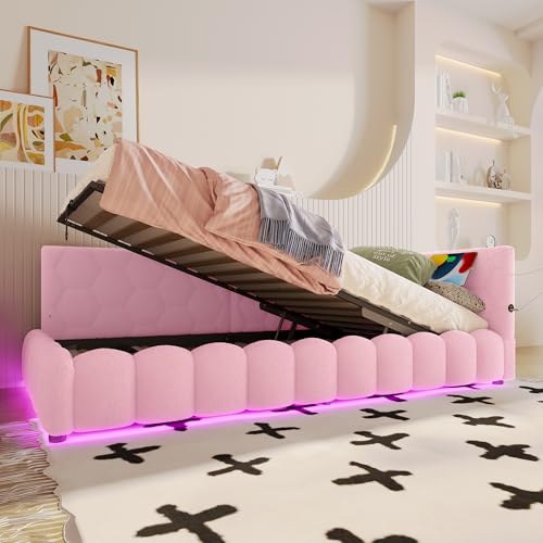 Dolamaní Polsterbett 90X200 cm Samt, Bett mit Lattenrost und Stauraum, Tagesbett mit LED-Lichtleiste und USB-Anschluss, Typ-C, ohne Matratze (Rosa A) von Dolamaní