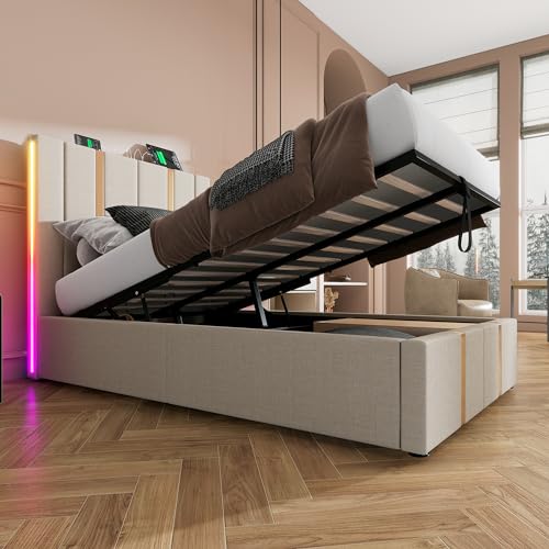 Dolamaní Polsterbett Bett 90x200 cm mit Lattenrost Beige, Doppelbett mit Stauraum, Schlafzimmer Boxspringbett, Lattenrost aus Holz, Kopfteil im Liniendesign von Dolamaní