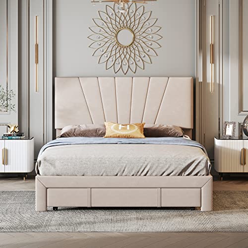 Dolamaní Polsterbett Betten 140 x 200 cm, Doppelbett mit Lattenrost, Rückenlehne und großen Schubladen, Doppelbett für Erwachsene und Jugendliche (Dunkelbeige, Doppel) von Dolamaní