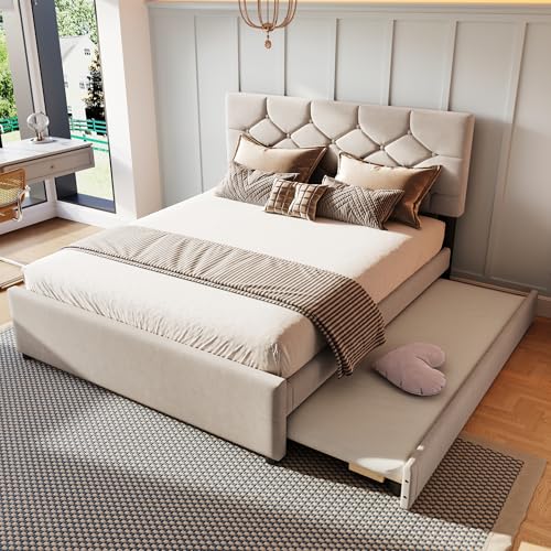 Dolamaní Polsterbett Doppelbett 140x200 cm Samt mit Ausziehbett gleiche höhe-Kann Links oder rechts installiert Werden, Minimalistisch für Jugendliche Erwachsene (Beige -140x200 cm) von Dolamaní