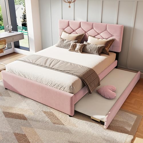Dolamaní Polsterbett Doppelbett 140x200 cm Samt mit Ausziehbett gleiche höhe-Kann Links oder rechts installiert Werden, Minimalistisch für Jugendliche Erwachsene (Rosa -140x200 cm) von Dolamaní
