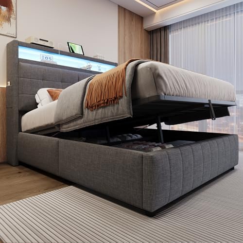Dolamaní Polsterbett Doppelbett 140x200 cm mit LED und USB, Hydraulischem Stauraum, Kopfteil mit Ablagen, Leinenstoff Erwachsenenbett mit Lattenrost, Ohne Matratze (Grau) von Dolamaní