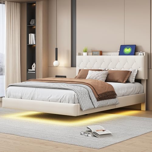 Dolamaní Polsterbett Doppelbett 140x200 cm mit USB Steckdose und LED Licht, Schwebender Bettrahmen, Flachbett Leinenstoff, Tragkraft 250kg Ohne Matratze (Beige) von Dolamaní