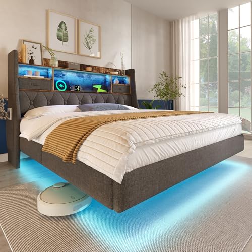 Dolamaní Polsterbett Doppelbett 180x200 cm, Schwebebett mit LED-Beleuchtung, Bett mit Lattenrost und Stauraum-Kopfteil mit Ladestation(1 Type-C, 3 USB-Anschlüsse), ohne Matratze (Grau A) von Dolamaní