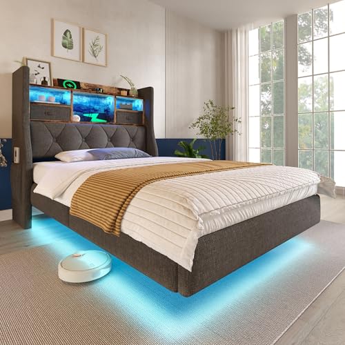 Dolamaní Polsterbett Einzelbett 90x200 cm, Schwebebett mit LED-Beleuchtung, Bett mit Lattenrost und Stauraum-Kopfteil mit Ladestation(1 Type-C, 3 USB-Anschlüsse), ohne Matratze (Grau A) von Dolamaní