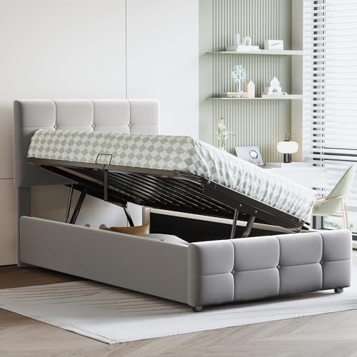 Dolamaní Polsterbett Einzelbetten 90x200 cm, Hydraulisches Stauraumbett mit Höhenverstellbares Kopfteil und lattenrost, Hoch Boxspringbett, Samtstoff, Grau von Dolamaní