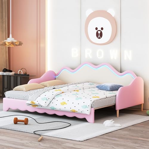 Dolamaní Polsterbett Kinderbett 90(180) x190 cm, Ausziehbett gleiche höhe, Bett Ausziehbar zum Doppelbett, Schlafsofa Klein Tagesbett Kunstleder für Kinder (Rosa) von Dolamaní