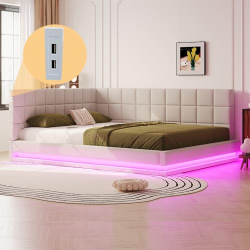 Dolamaní Polsterbett Schlafsofa 160x200 cm mit LED und Aufladen, Lattenrost aus Holz, L-Form Bettgestell Tagesbett, Gästebett Jugendbett, Samtstoff, Ohne Matratze (Beige) von Dolamaní