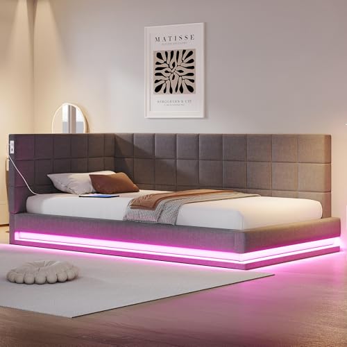 Dolamaní Polsterbett Schlafsofa 90x200 cm mit LED und Aufladen, Lattenrost aus Holz, L-Form Bettgestell Tagesbett, Gästebett Jugendbett, Samtstoff, Ohne Matratze (Grau) von Dolamaní