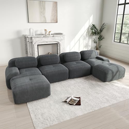 Dolamaní U-förmiges Sofa, Couch Sofa Cord Stoff für Wohnzimmer,Wohnung,Büro,Einfache Montage (Grau, J-(4 Sitzer +2 Hocker) von Dolamaní