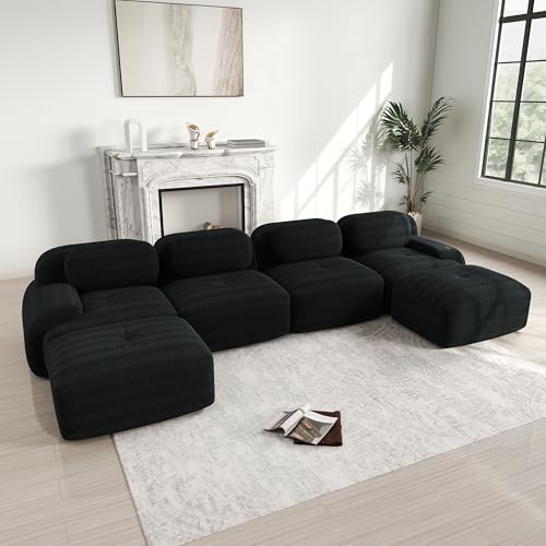 Dolamaní U-förmiges Sofa, Couch Sofa Cord Stoff für Wohnzimmer,Wohnung,Büro,Einfache Montage (Schwarz, J-(4 Sitzer +2 Hocker) von Dolamaní