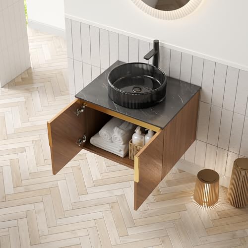 Dolamaní Waschbecken incl. Unterschrank 61 cm Hängeschrank, Transparentes Schwarzes Rundes Glasbecken und Arbeitsplatte, Sperrholzschrank mit 2 Türen, Espresso Holzmaserung (61cm C) von Dolamaní