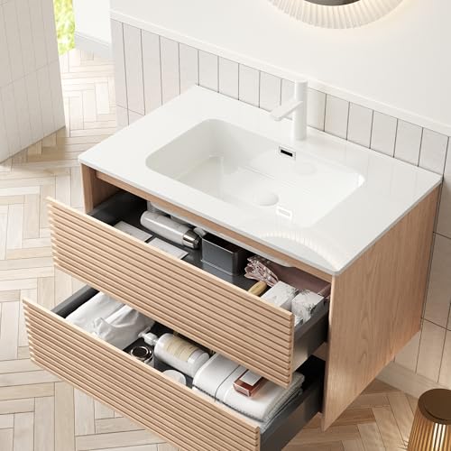 Dolamaní Waschbecken incl. Unterschrank 81cm, hängend, Weißes Rechteckigem Keramik-Unterbauwaschbecken, Gestreifter Sperrholz Schrank mit 2 Schubladen, Zimt Walnuss Holzmaserung (A) von Dolamaní