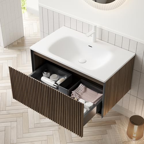 Dolamaní Waschbecken incl. Unterschrank Hängeschrank 80 cm, weißem Rechteckigem Keramik Waschbecken, Schrank mit Schublade für Kleine Bäder, Gäste-WC (Braune Eichenholzmaserung) von Dolamaní