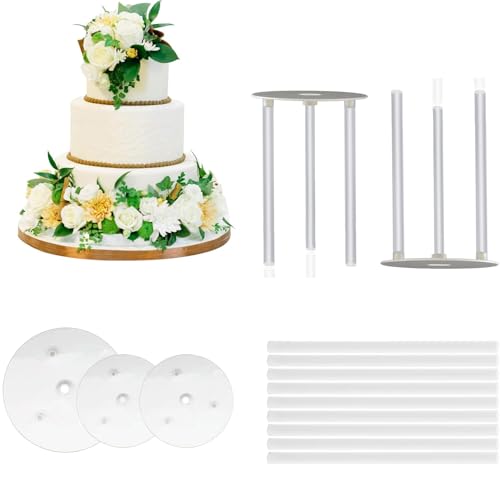 12 Stück Cake Supports Set, Wiederverwendbare Kuchenstützen mit 3 Cake Boards, Kunststoffkuchenstützen für mehrstöckige Kuchen, Perfekt für Hochzeiten, Geburtstagsfeiern und andere besondere Anlässe von Dolaso