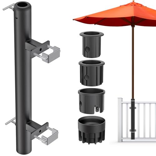 Dolibest Sonnenschirmhalter Balkongeländer, Terrassenschirm Klemmenhalterung Verstellbar Ampelschirm Zaunbefestigung Platzsparend Ständer 3 Reduzierhülse für 3-5cm Stangen, bis 5.6x5.3cm Deckgeländer von Dolibest