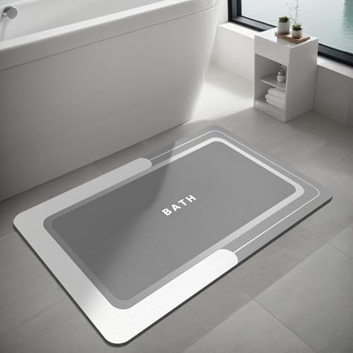 Badematte, Badezimmerteppiche, super saugfähig, schnell trocknend, dünne Gummimatten für Badezimmer, Bodenmontage, unter der Tür, Badematte für Badezimmer (Hellgrau (Rectangular), 60 x 90 cm) von Dolic