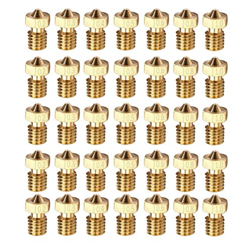 DollaTek 35 Pcs M6 1.75mm 3D Drucker 0.2mm 0.3mm 0.4mm 0.5mm 0.6mm 0.8mm 1.0mm Extruder Messing Düse Druckkopf (5 Pcse/jede größe) von DollaTek