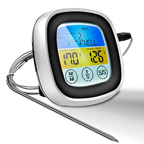 DollaTek Digital Meat Thermometer Ofen Bunter Touchscreen Sofortlesesonde Küchengrill-Kochthermometer mit Timer-Alarmfunktion von DollaTek