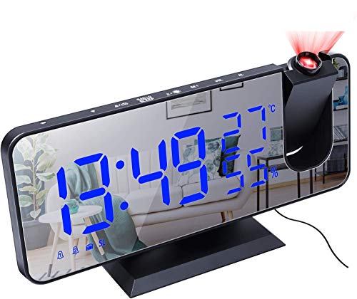 DollaTek Radio Projektionswecker LED Großbildanzeige Temperatur und Luftfeuchtigkeit elektronische Uhr für Schlafzimmer Küche Geschenk - Schwarze Muschel Blaues Wort von DollaTek