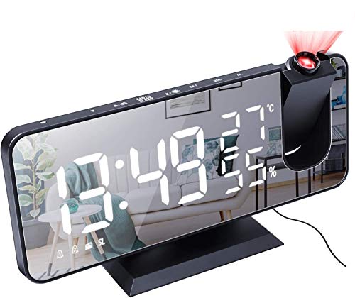 DollaTek Radio Projektionswecker LED Großbildanzeige Temperatur und Luftfeuchtigkeit elektronische Uhr für Schlafzimmer Küche Geschenk - Schwarze Muschel Weiß Digital von DollaTek