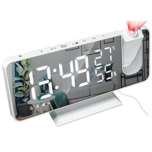 DollaTek Radio Projektionswecker LED Großbildanzeige Temperatur und Luftfeuchtigkeit elektronische Uhr für Schlafzimmer Küche Geschenk - White Shell White Digital von DollaTek