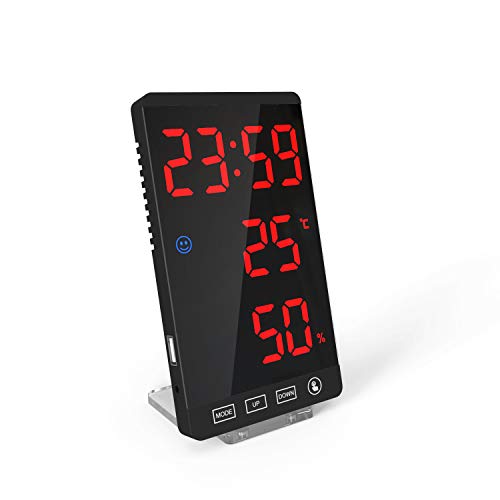 DollaTek Smart Mirror LED-Uhr Dekoratives Telefonladegerät Wecker 4-stufige Digitaluhr mit Wettertemperaturanzeige - schwarze Schale & rote Digitaluhr von DollaTek