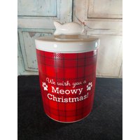 Holiday Cat Pet Treat Keramik Vintage Glas "We Wish You A Meowy Christmas" in Ausgezeichnetem Zustand von Dollars4ServiceDogs