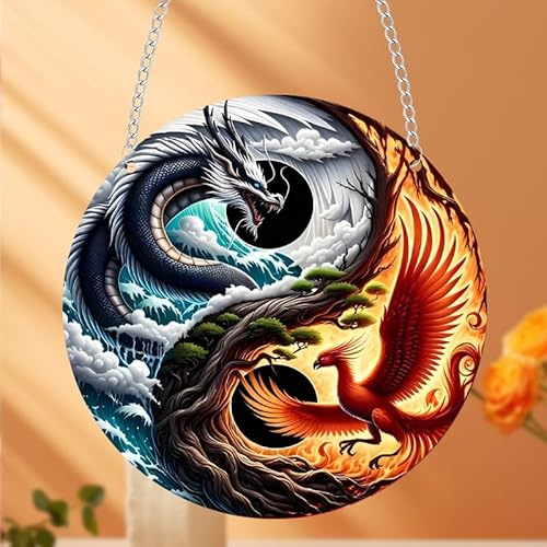 Bunte dekorative Fenster und Wände aus Acryl, Heimdekoration, Ornamente, Outdoor, Garten, 2D-Gemälde, Kunstwerke, Yin-Yang-Drache, Phönix-Scheibe, Sonnenfänger, hängende Ornamente, Sonnenfänger von Dollin&Dockin