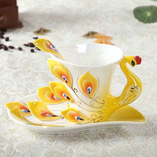 Dollin&Dockin Bone China Kaffeetasse Untertasse, Mit Griff Emaille Bemalte Dreidimensionale Peacock Gelb Keramik Geschenkbox Tea Party Royal Europäischen Retro Gericht Feine Geschirr von Dollin&Dockin