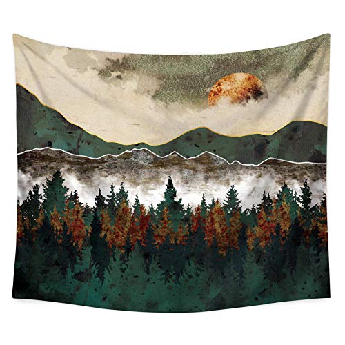 Wandteppiche Wandbehang Tapisserie, Psychedelic Hippie Abstrakte Landschaft Gobelin Wandbehang Golden Sun Und Wald, Rechteckig Art Decor Drucken Gewebe Für Wohnzimmer Schlafzimmer von Dollin&Dockin