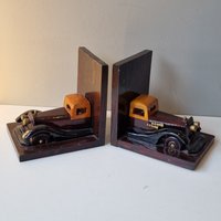 Gelakt Houten Boekensteunenmet Oldtimers, Alte Periodenauto-Buchstützen, Mooie Natuurltemperature High Gloss Kleur von DolmenAntiqueTiles