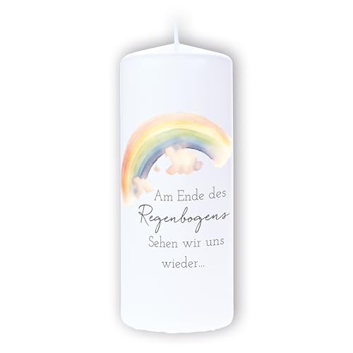 DOLORINO Trauerkerze mit Spruch "Am Ende des Regenbogens sehen wir uns wieder" | liebevolles Symbol des Trostes | made in Germany | 44 Std. Brenndauer | 15cm von Dolorino