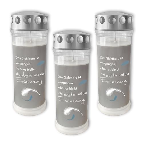 Dolorino Grablicht mit Spruch | 3er Set | 7-Tage Brenner | deutsche Qualität | Friedhofskerze mit Trauerspruch (Das Sichtbare ist vergangen) von Dolorino