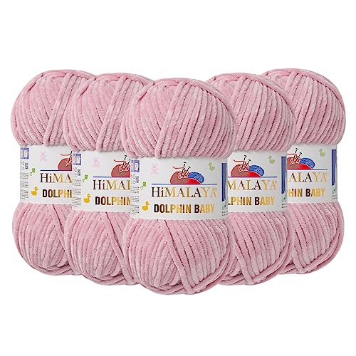 5 Knäuel (Packung) Himalaya Dolphin Baby Chenille-Garn, 100 % Polyester, jeder Strang 100 g, 120 m, 6: Super Bulky (Powder Pink 80349) von Dolphin Baby