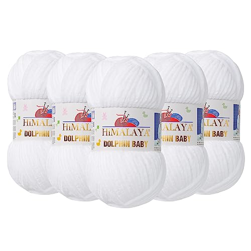 5 x 100 Gramm Babywolle 80301 schneeweiß, 500 Gramm Wolle Super Bulky zum Stricken und Häkeln von Dolphin Baby