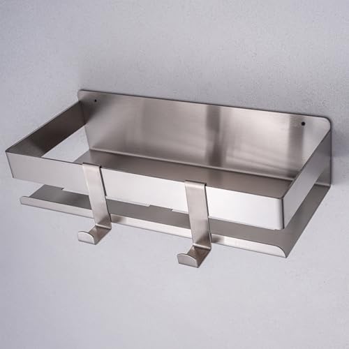 Dolvhin Duschablage ohne Bohren Silber | Duschregal Edelstahl mit Auslaufrillen | Duschkorb Aufbewahrung inkl. 2 Haken | Badregal Shampoo Halterung Selbstklebend Badezimmer Set (Gebürstet) von Dolvhin