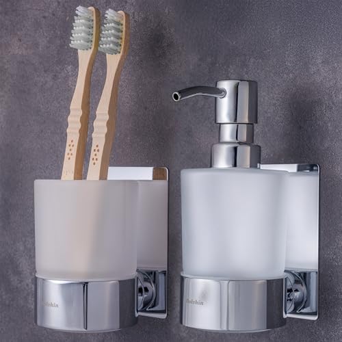 Dolvhin Seifenspender und Zahnputzbecher Set | Milchglas Handseifenspender & Zahnbecher | Edelstahl Zahnputzbecherhalter ohne Bohren | Wandseifenspender zum Kleben | Badezimmer Set | Chrom poliert von Dolvhin