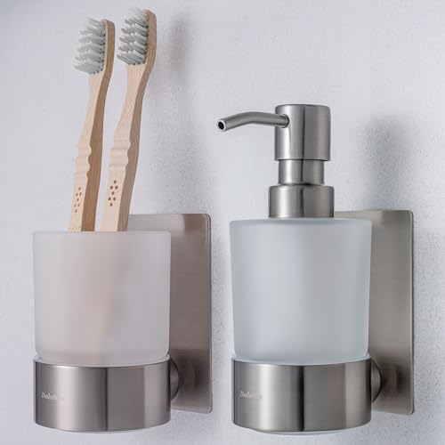 Dolvhin Seifenspender und Zahnputzbecher Set | Milchglas Handseifenspender & Zahnbecher | Edelstahl Zahnputzbecherhalter ohne Bohren | Wandseifenspender zum Kleben | Badezimmer Set | Silber Grau von Dolvhin