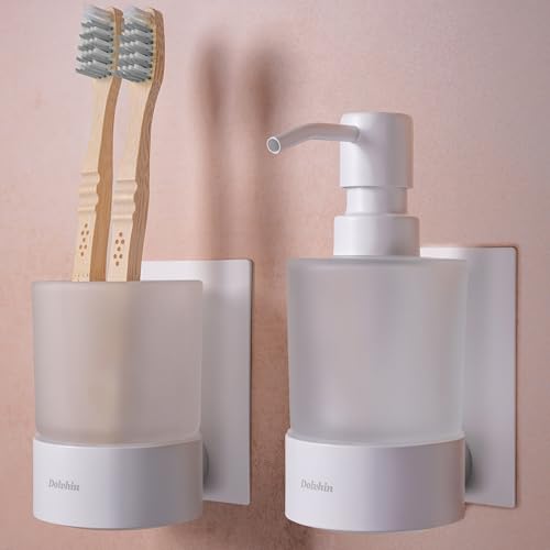 Dolvhin Seifenspender und Zahnputzbecher Set | Milchglas Handseifenspender & Zahnbecher | Edelstahl Zahnputzbecherhalter ohne Bohren | Wandseifenspender zum Kleben | Badezimmer Set | Weiß Matt von Dolvhin